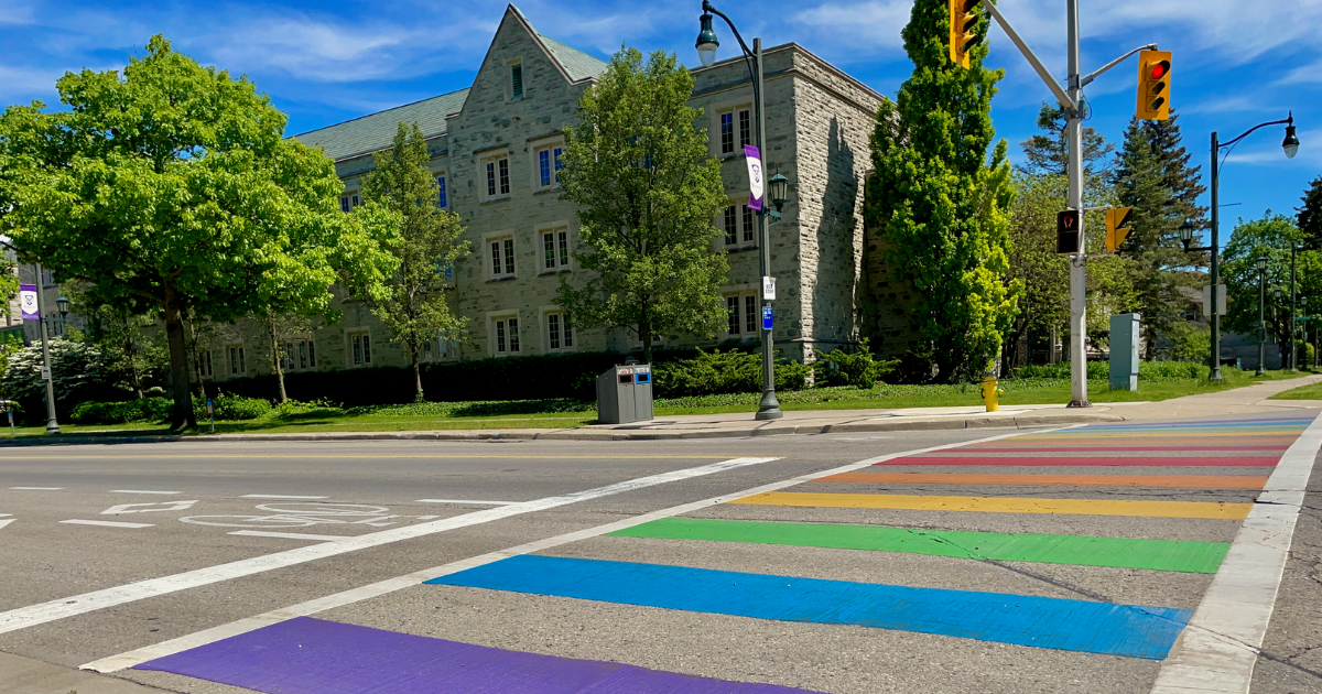 A picture of the pride sidewalk on campus on a sunny day.